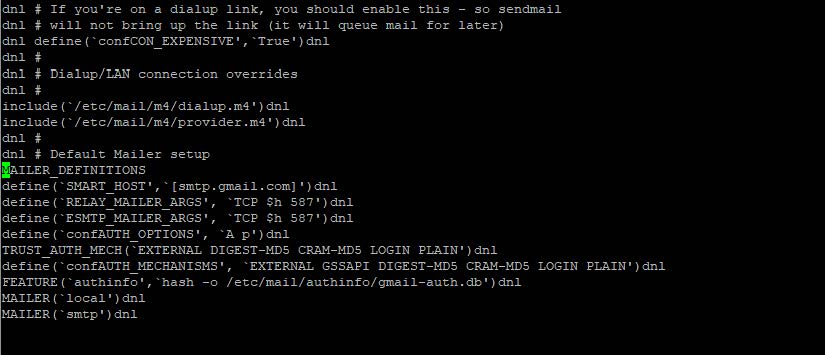 screenshot of /etc/mail/sendmail.mc configuration file settings for relaying messages through Gmail or a Google Apps account.