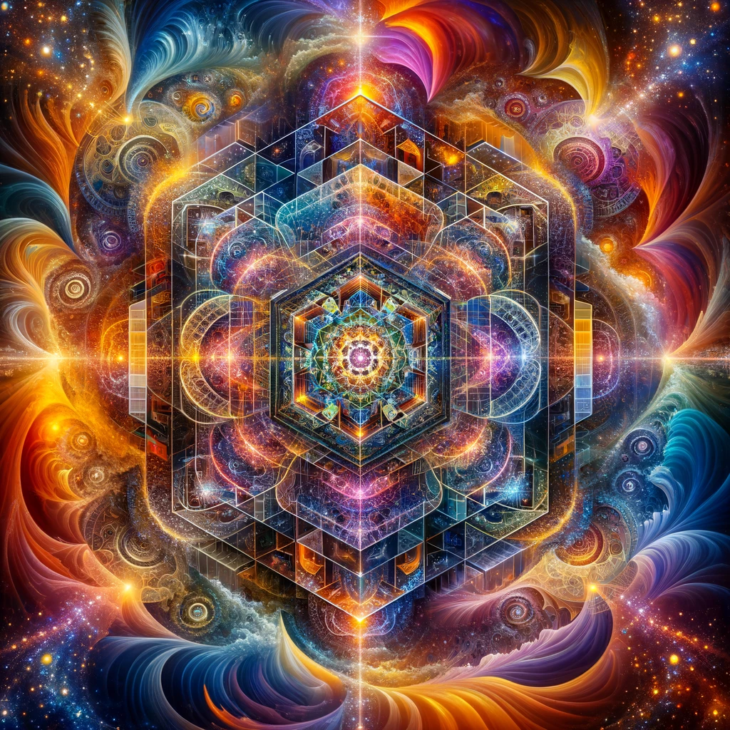 This digital artwork embodies the visionary art style, deeply exploring the themes of sacred geometry, Metatron's Cube, and fractals. It portrays these elements as visual expressions of deeper spiritual truths, set against vivid and luminous colors to highlight the transcendental and ethereal qualities of the composition.
