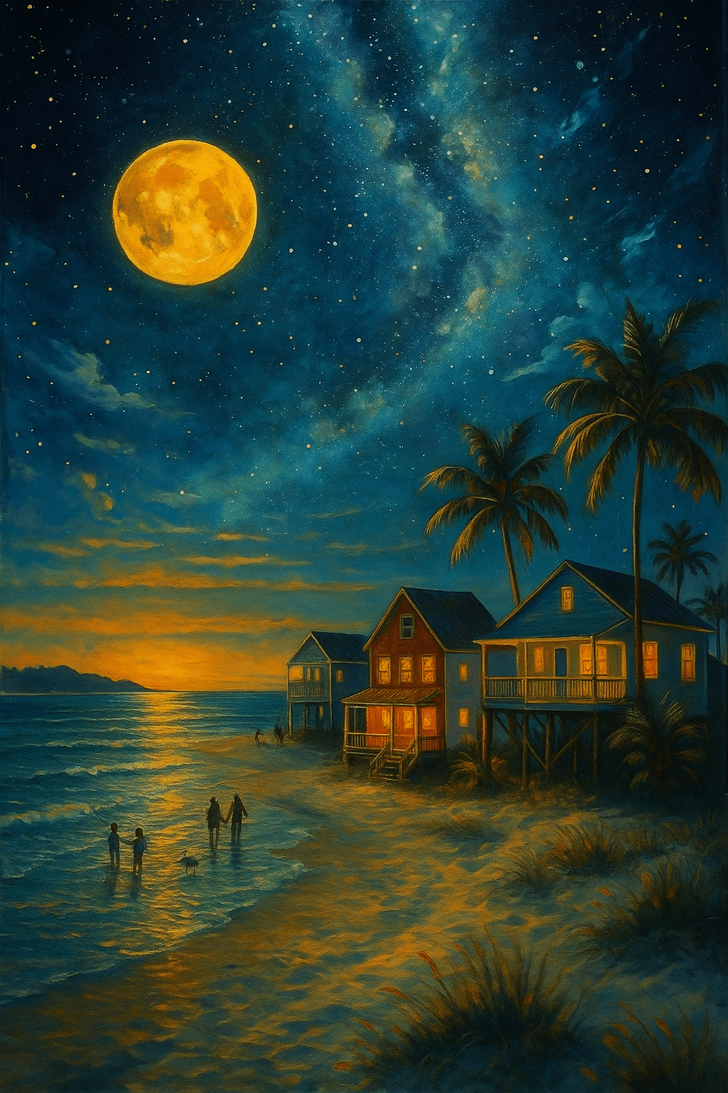beach at sunset, with warm cottage lights glowing, palm trees swaying, and the moon illuminating the ocean under a starry sky