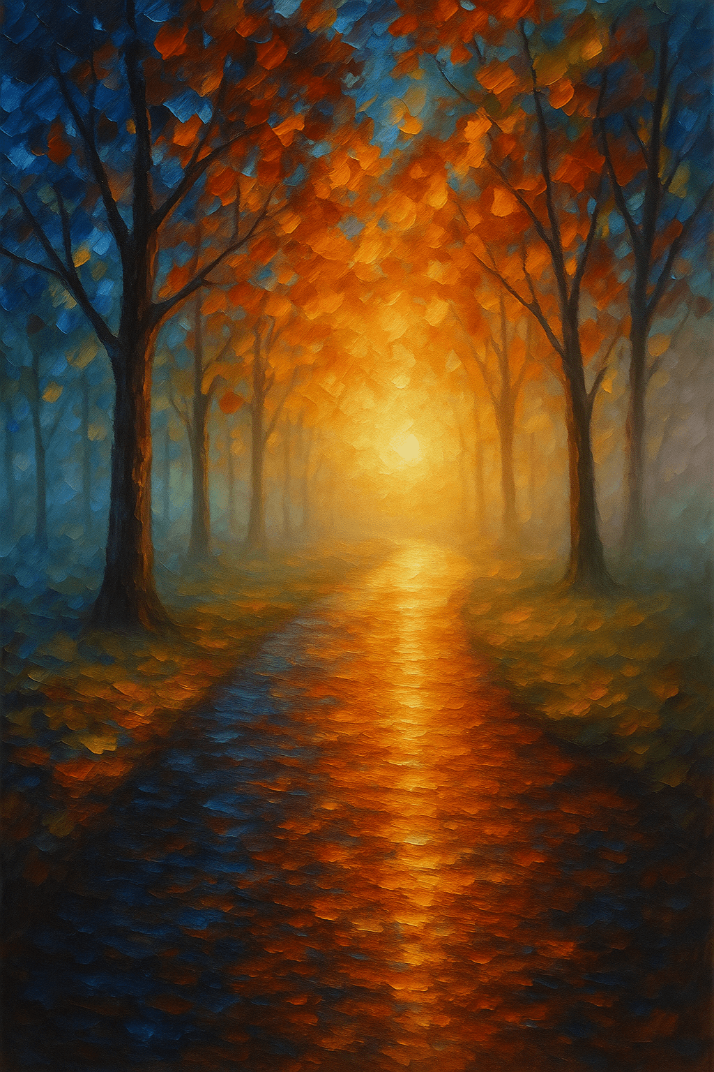 Impressionist oil painting of a sunrise-lit forest path with autumn trees, symbolizing emotional healing and the journey from pain to peace in Leonid Afremov’s signature style.